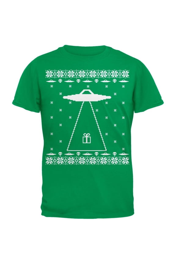 Alien Abduction Ugly Christmas Sweater Green Adult T-Shirt