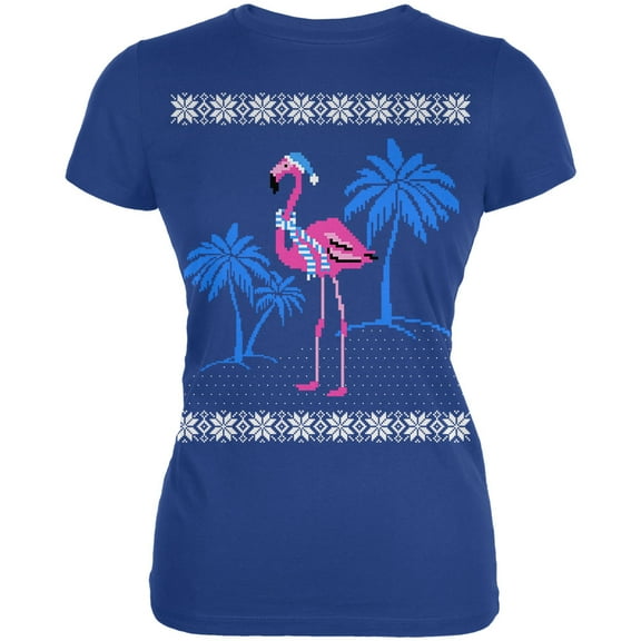 Old Glory Juniors Flamingo Winter Ugly Christmas Sweater Short Sleeve T Shirt