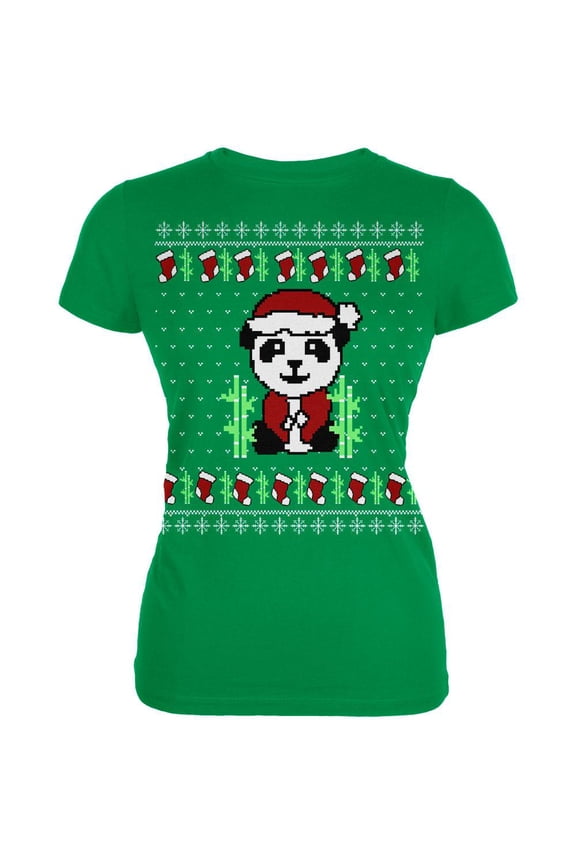 Juniors Ugly Christmas Sweater Panda Short Sleeve T Shirt