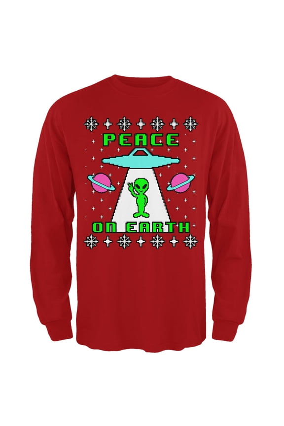 Mens Alien Peace on Earth Ugly Christmas Sweater Long Sleeve T Shirt