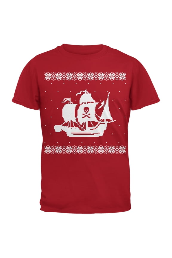 Mens Big Pirate Ship Ugly Christmas Sweater Short Sleeve T Shirt