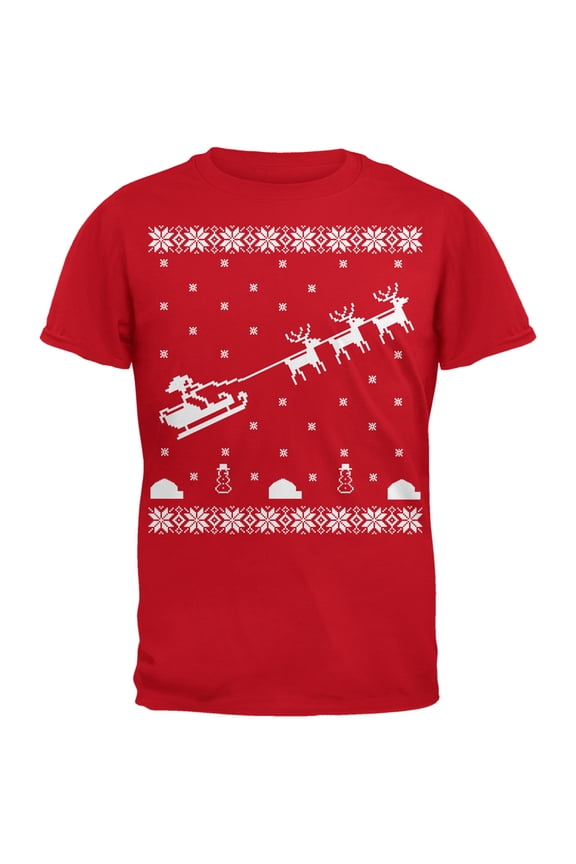 Mens Flying Santa Sleigh Ugly XMAS Sweater Short Sleeve T Shirt