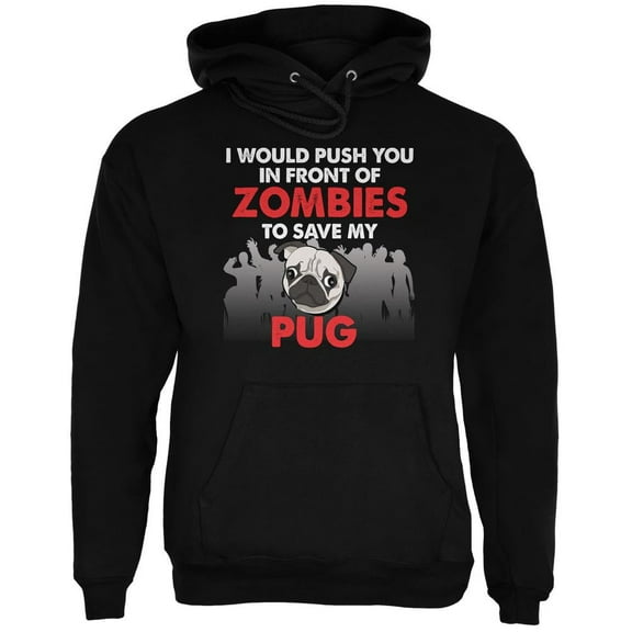 Old Glory Mens I Would Push You Zombies Pug Long Sleeve Graphic Hoodie