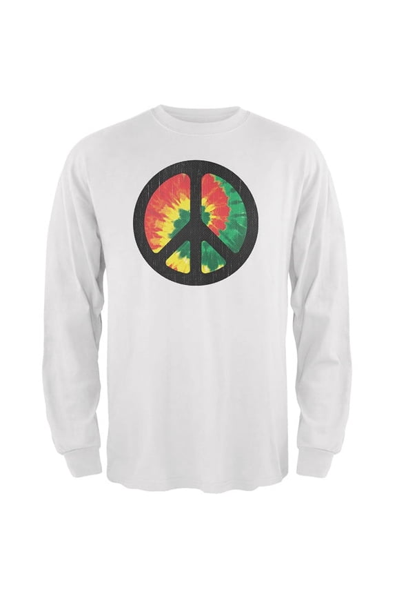 Mens Rasta Tie Dye Peace Sign Distressed Halftone Long Sleeve Graphic T Shirt