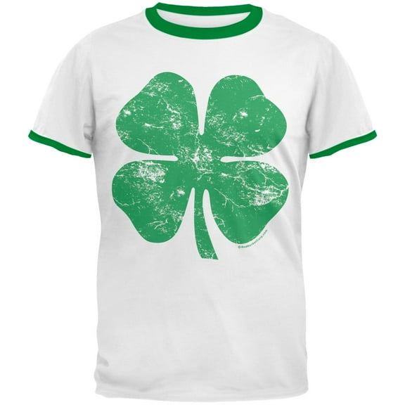 Old Glory Mens St Patricks Day Big Distressed Shamrock Short Sleeve Graphic Ringer T Shirt