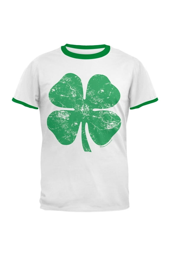 Mens St Patricks Day Big Distressed Shamrock Short Sleeve Graphic Ringer T Shirt