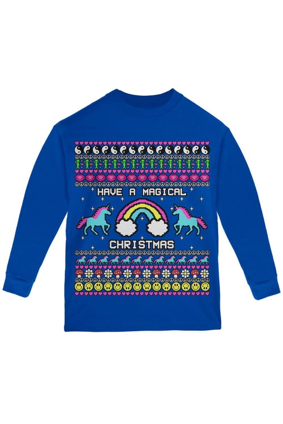 Retro 90s Rainbow Unicorn Magical Ugly Christmas Sweater Youth Long Sleeve T Shirt