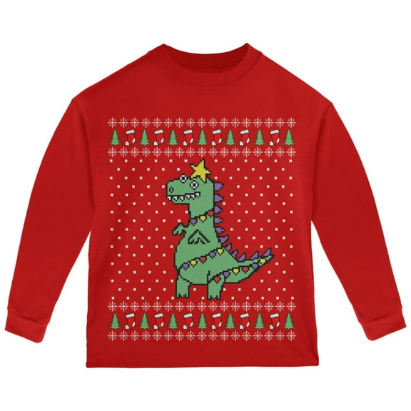 Old Glory Toddler Big Tree Rex T Rex Ugly Christmas Sweater Long Sleeve T Shirt