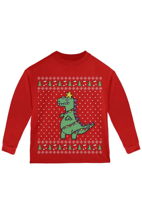 Toddler Big Tree Rex T Rex Ugly Christmas Sweater Long Sleeve T Shirt