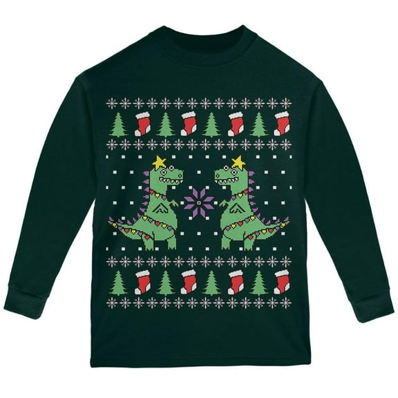 Old Glory Tree Rex T Rex Ugly Christmas Sweater Youth Long Sleeve T Shirt