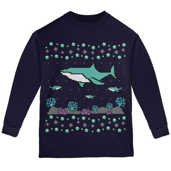 Old Glory Ugly Christmas Sweater Shark Coral Reef Youth Long Sleeve T Shirt