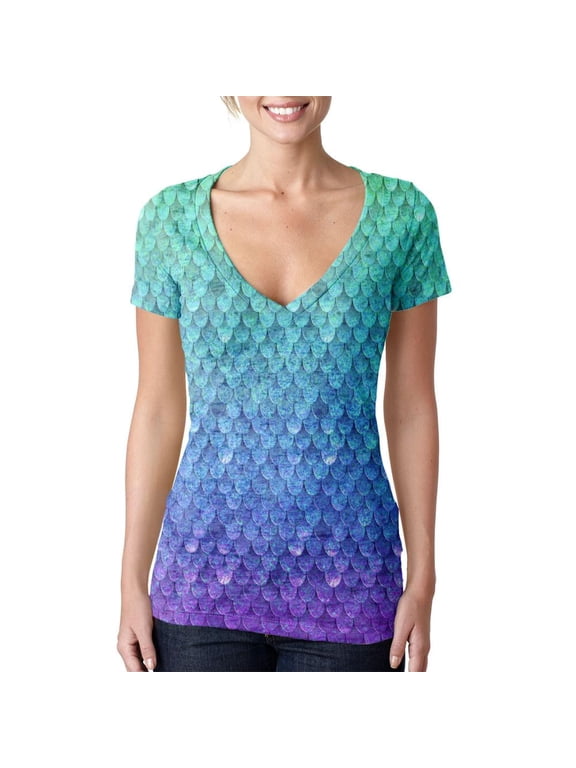 V-Neck Short Sleeve Mermaid Scales Cottton, T-Shirt (Women's)