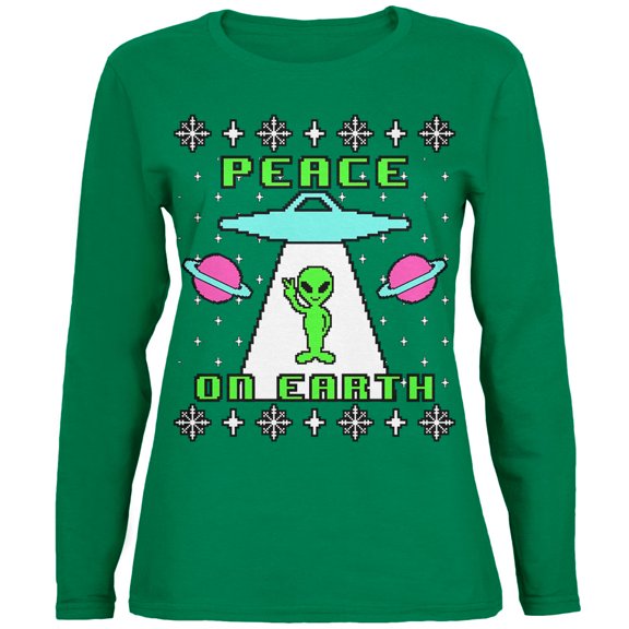 Old Glory Womens Alien Peace on Earth Ugly Christmas Sweater Long Sleeve T Shirt
