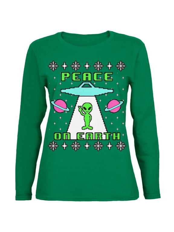 Womens Alien Peace on Earth Ugly Christmas Sweater Long Sleeve T Shirt