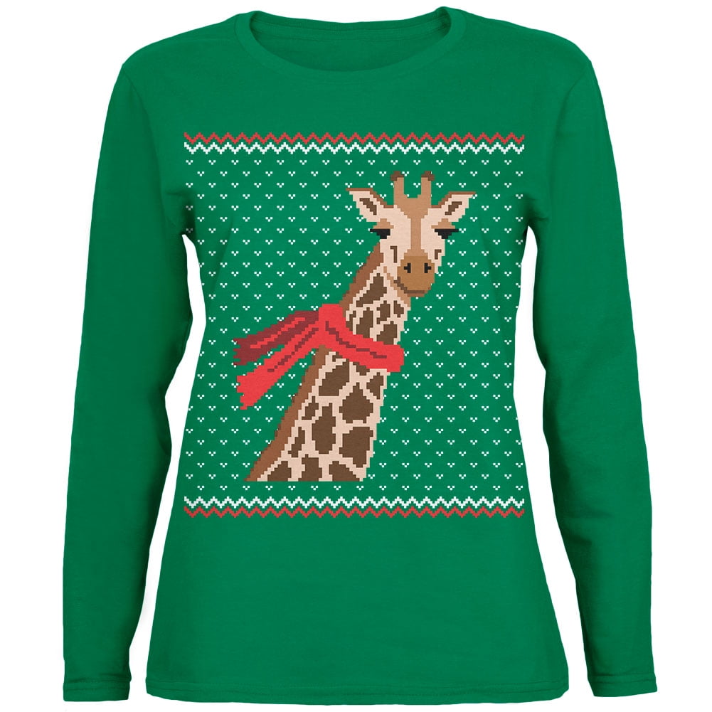 Old Glory Womens Big Giraffe Scarf Ugly Christmas Sweater Long Sleeve T