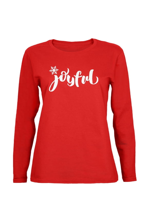 Womens Christmas Joyful Script Snowflake Long Sleeve T Shirt