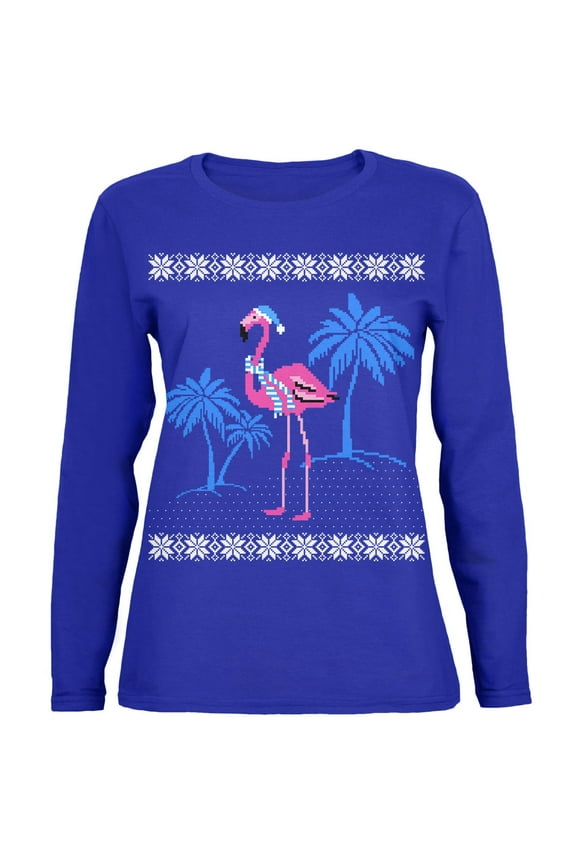 Womens Flamingo Winter Ugly Christmas Sweater Long Sleeve T Shirt