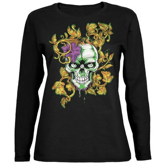 Old Glory Womens Mardi Gras Voodoo Zombie Skull Relaxed Jersey Long Sleeve Graphic T Shirt