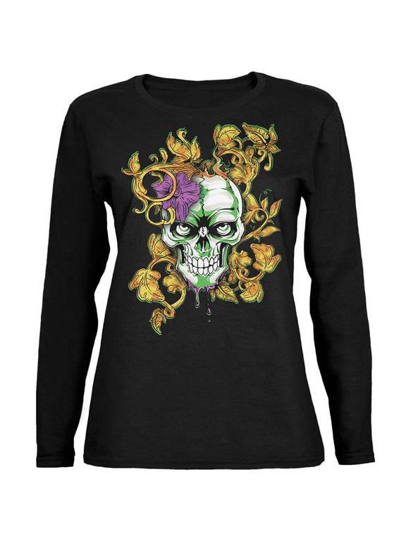 Womens Mardi Gras Voodoo Zombie Skull Relaxed Jersey Long Sleeve Graphic T Shirt