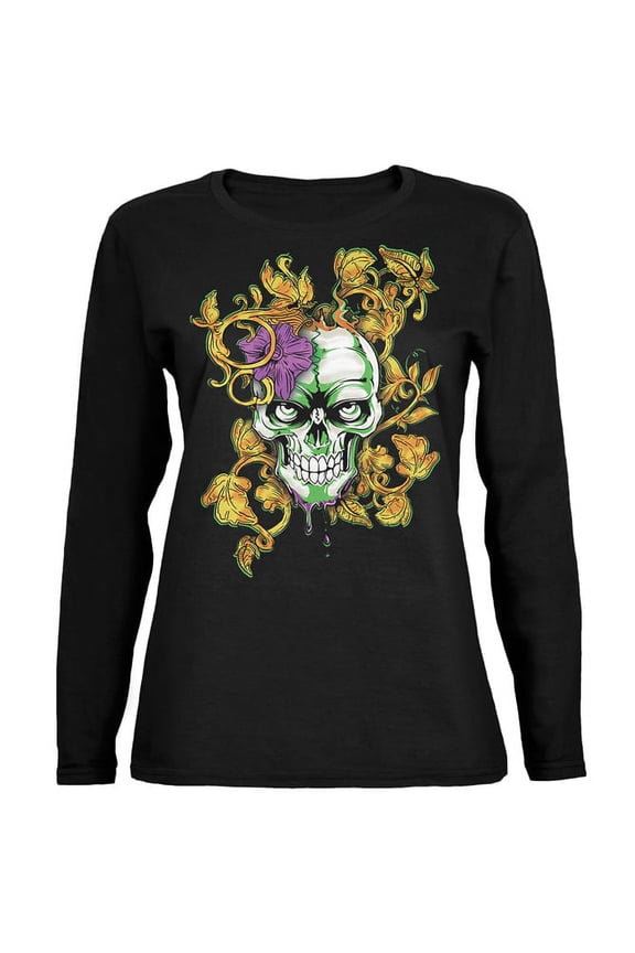 Womens Mardi Gras Voodoo Zombie Skull Relaxed Jersey Long Sleeve Graphic T Shirt