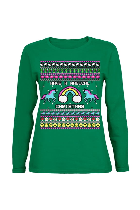 Womens Retro 90s Rainbow Unicorn Magical Ugly Christmas Sweater Long Sleeve T Shirt