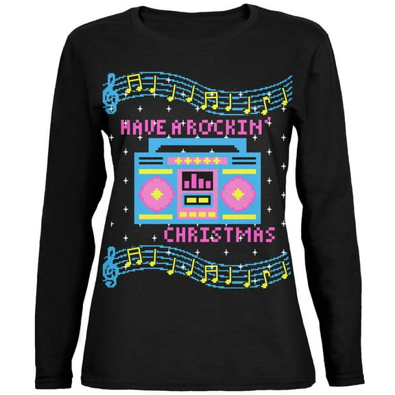 Old Glory Womens Retro Boombox Music Have a Rockin' Ugly Christmas Sweater Long Sleeve T Shirt