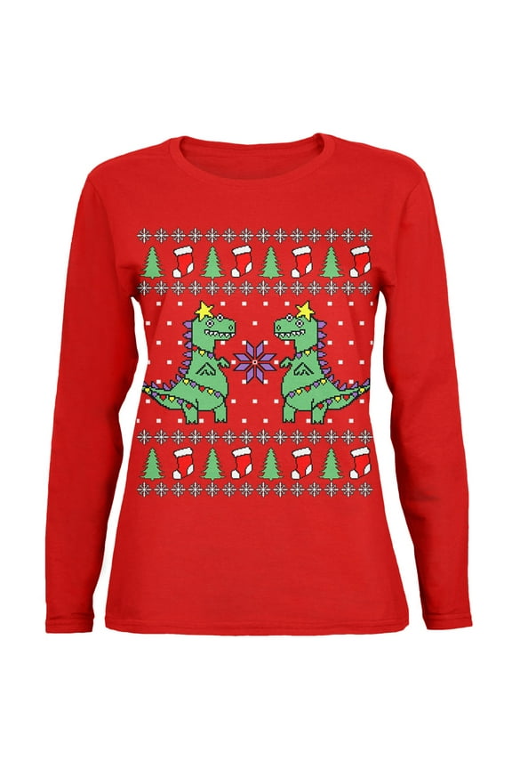 Womens Tree Rex T Rex Ugly Christmas Sweater Long Sleeve T Shirt