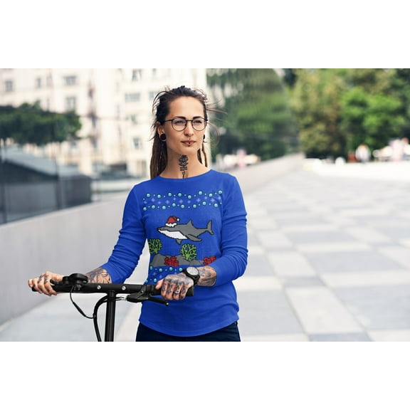Old Glory Womens Ugly Christmas Sweater Shark Santa Hat Long Sleeve T Shirt