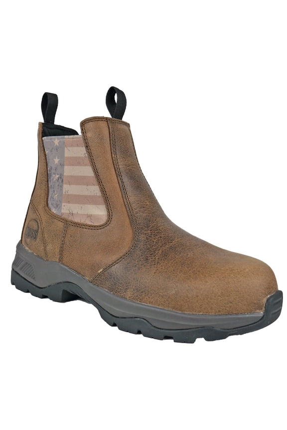HOSS Men’s Composite Toe Pull-On Western Work Boot Slip Resistant EH Old Glory Distressed Brown