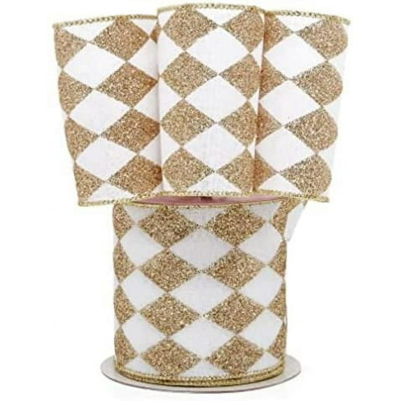 Old Gold White Diamonds Harlequin Ribbon - 4" x 10 Yards, Argyle, Gold Wire Edged, Christmas, Glitter, Mardi Gras, Wedding, Wreath Decor, Tree Topper Bow