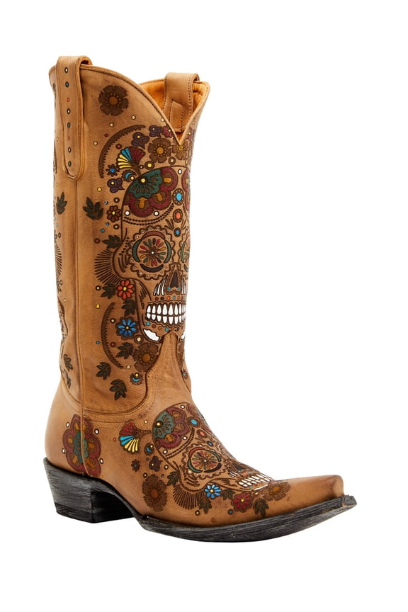 Women's Cavalier Skull And Floral Burnished Tall Western Leather Boot Beige/Khaki 7 1/2 M US