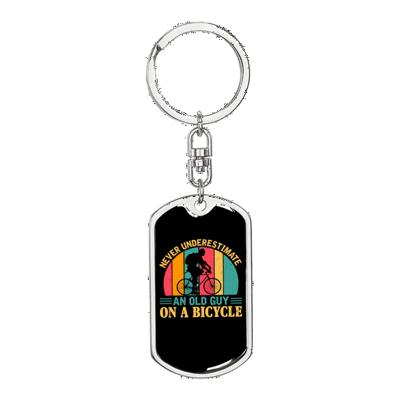 Old Guy On A Bicycle Cycling Stainless Steel or 18k Gold Premium Swivel Dog Tag Keychain
