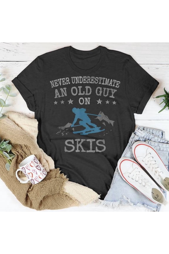 Old Guy Skiing Love Graphic Cotton T-Shirt Unisex Adult Soft Breathable Tee Casual Wear Comfortable Everyday Outfit, Size S, Color Black