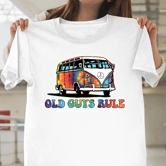 Old Guys Rule What A Long Strange Trip Its Been VW Bus Art Unisex T-Shirt, for men & women, up to size 5XL.