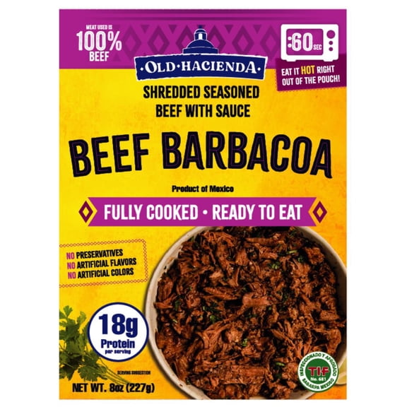 Old Hacienda Beef Barbacoa, Fully Cooked Shredded Beef Taco Filling, Shelf-Stable Pouch, 8 oz