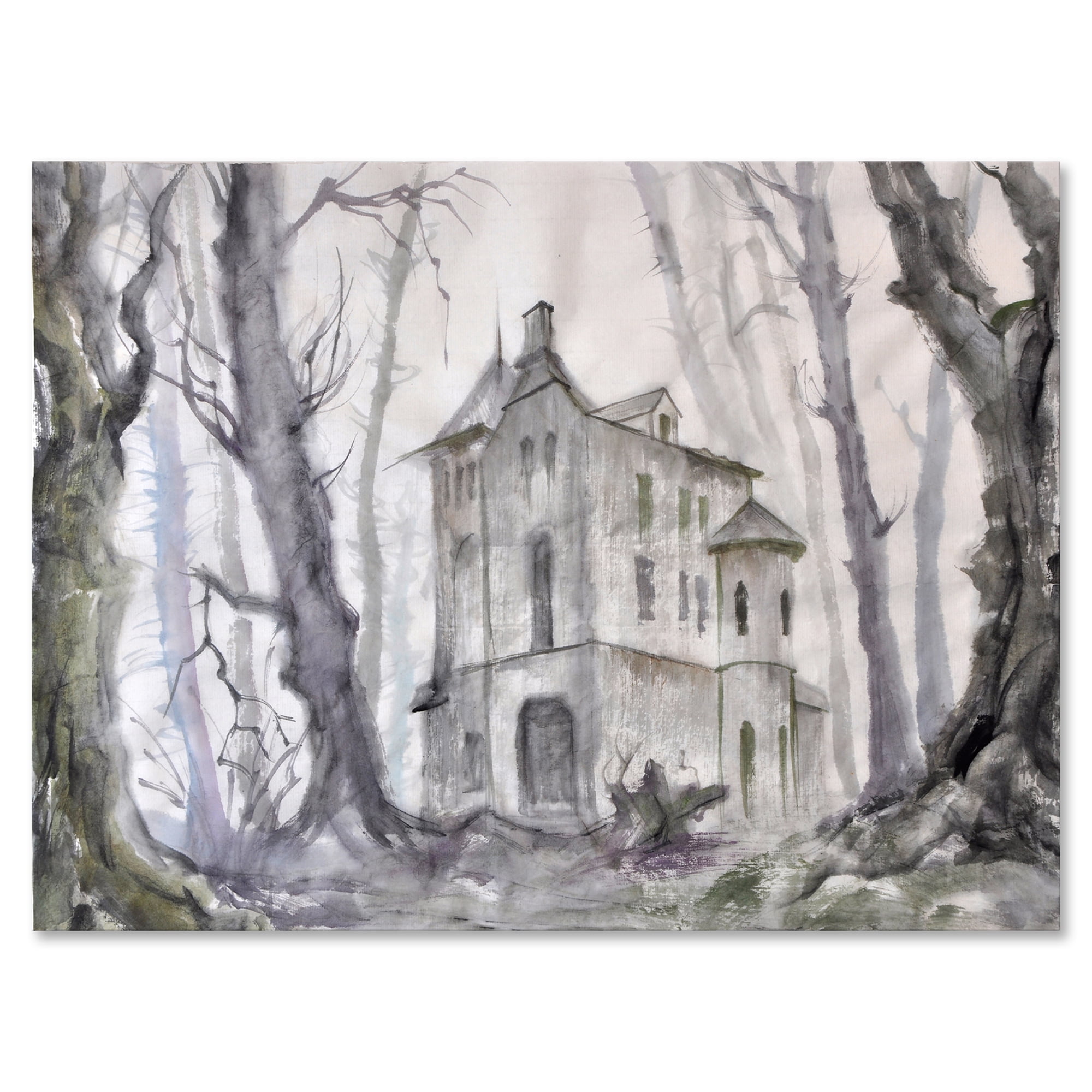 Old Haunted Castle In The Woods 12 in x 8 in Painting Canvas Art Print, by Designart