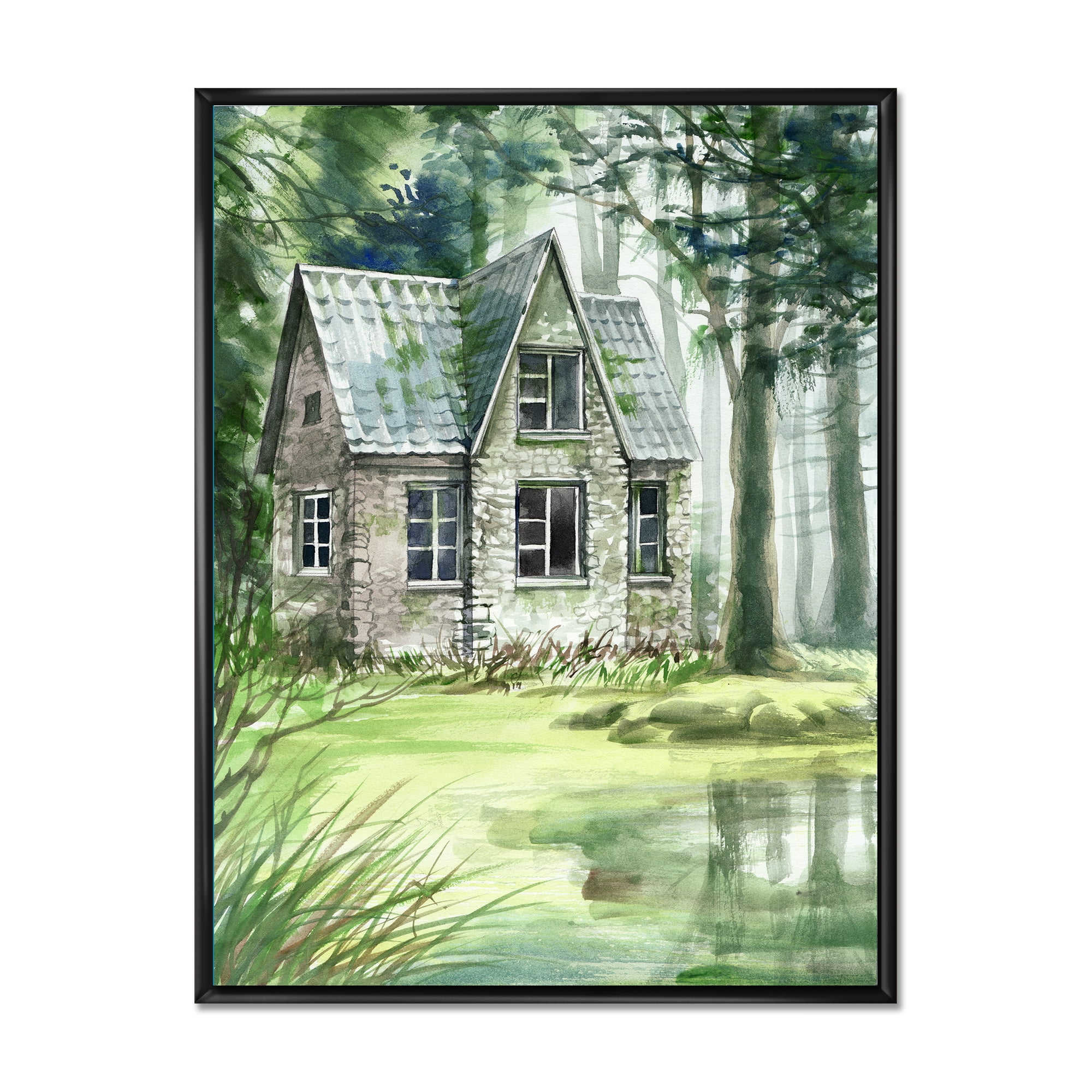 Old Haunted House In The Pine Forest 16 in x 32 in Framed Painting Canvas Art Print, by Designart