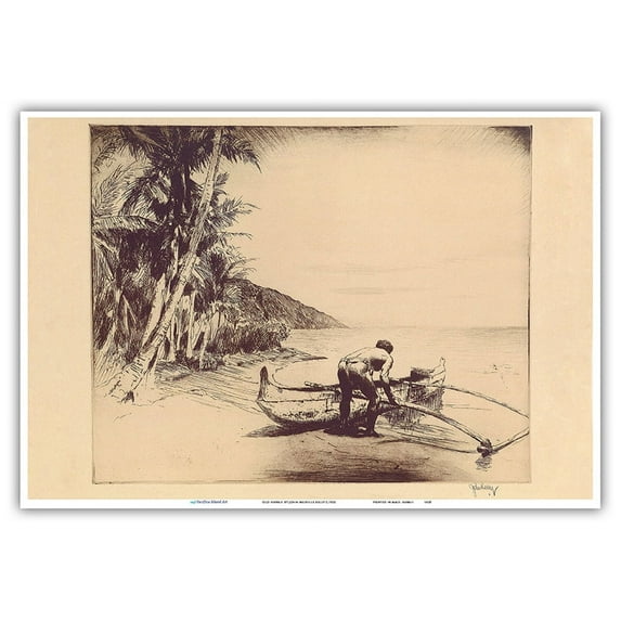 Old Hawaii - Hawaiian in Outrigger Canoe (Wa’a) - From an Original Etching by John Melville Kelly c.1935 - Master Art Print (Unframed) 13in x 19in