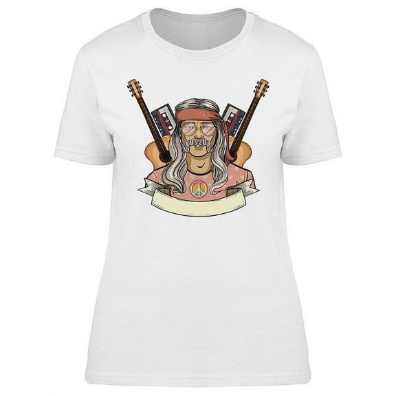 Old Hippie Man With Guitars T-Shirt Women -Image by Shutterstock, Female Small
