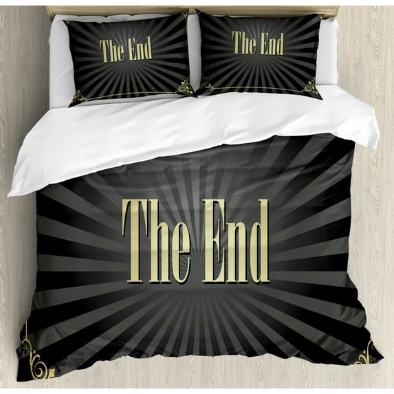 Old Hollywood King Size Duvet Cover Set, Movie Ending Screen with Vintage Video Frame The End Text, Decorative 3 Piece Bedding Set with 2 Pillow Shams, Charcoal Grey Black and Cream, by Ambesonne