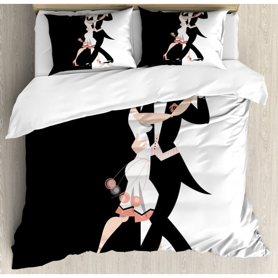 Old Hollywood Queen Size Duvet Cover Set, Modern Dancing Couple Performing Pas de Deux Simplistic Design, Decorative 3 Piece Bedding Set with 2 Pillow Shams, Black White and Coral, by Ambesonne