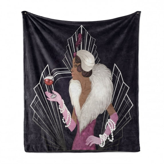 Old Hollywood Soft Flannel Fleece Throw Blanket, 1920s Style Lady with Fur Collar and Bracelets Holding a Wine Glass Print, Cozy Plush for Indoor and Outdoor Use, 50" x 70", Multicolor, by Ambesonne