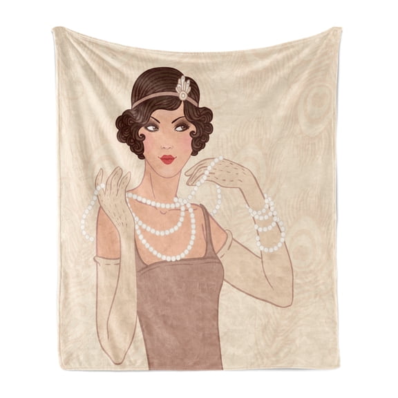 Old Hollywood Soft Flannel Fleece Throw Blanket, Curly Hair Brunette Flapper Girl Wearing Necklace and Headband, Cozy Plush for Indoor and Outdoor Use, 50" x 70", Beige Brown Ivory, by Ambesonne