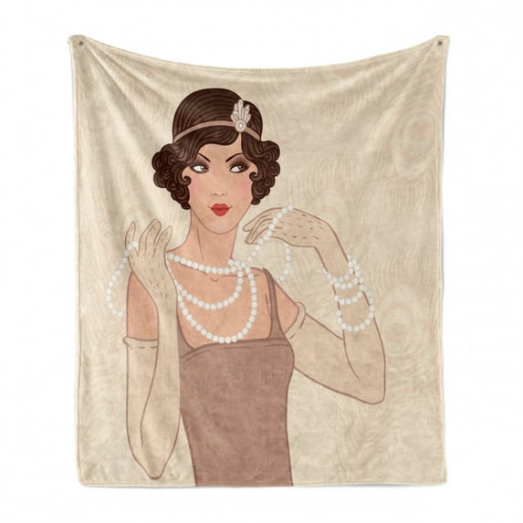 Old Hollywood Soft Flannel Fleece Throw Blanket, Curly Hair Brunette Flapper Girl Wearing Necklace and Headband, Cozy Plush for Indoor and Outdoor Use, 70" x 90", Beige Brown Ivory, by Ambesonne