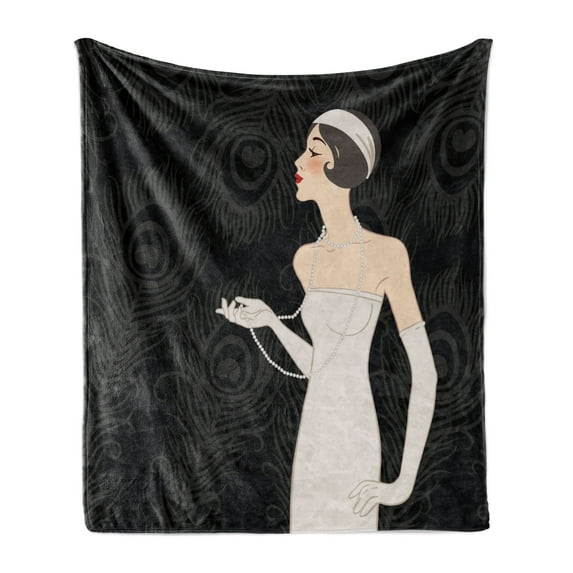 Old Hollywood Soft Flannel Fleece Throw Blanket, Pale Skin Lady with Long White Dress on Art Deco Backdrop, Cozy Plush for Indoor and Outdoor Use, 70" x 90", Charcoal Grey Beige, by Ambesonne