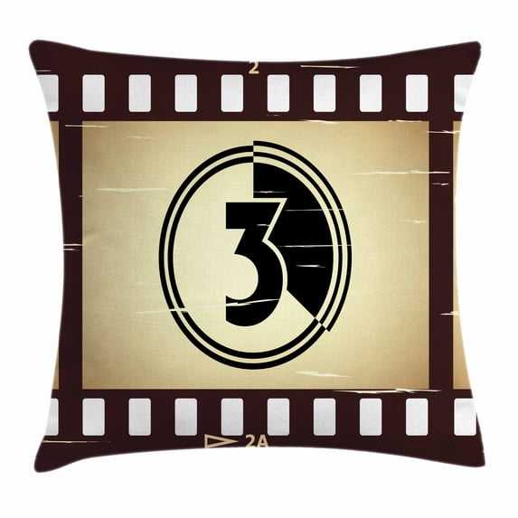 Old Hollywood Throw Pillow Cushion Cover, Countdown Illustration of Vintage Scratch Film Strip Number Three, Decorative Square Accent Pillow Case, 20 X 20 Inches, Brown Camel and Black, by Ambesonne