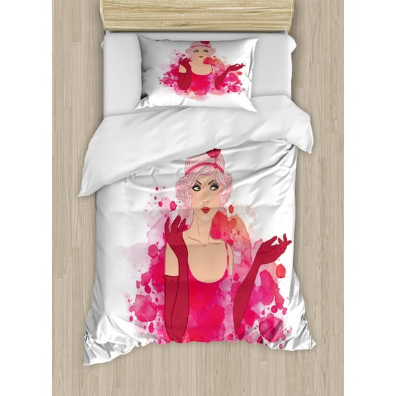 Old Hollywood Twin Size Duvet Cover Set, A Fancy Lady Wearing Feather Headband Ink Splatter Design, Decorative 2 Piece Bedding Set with 1 Pillow Sham, Magenta Hot Pink and Blush, by Ambesonne