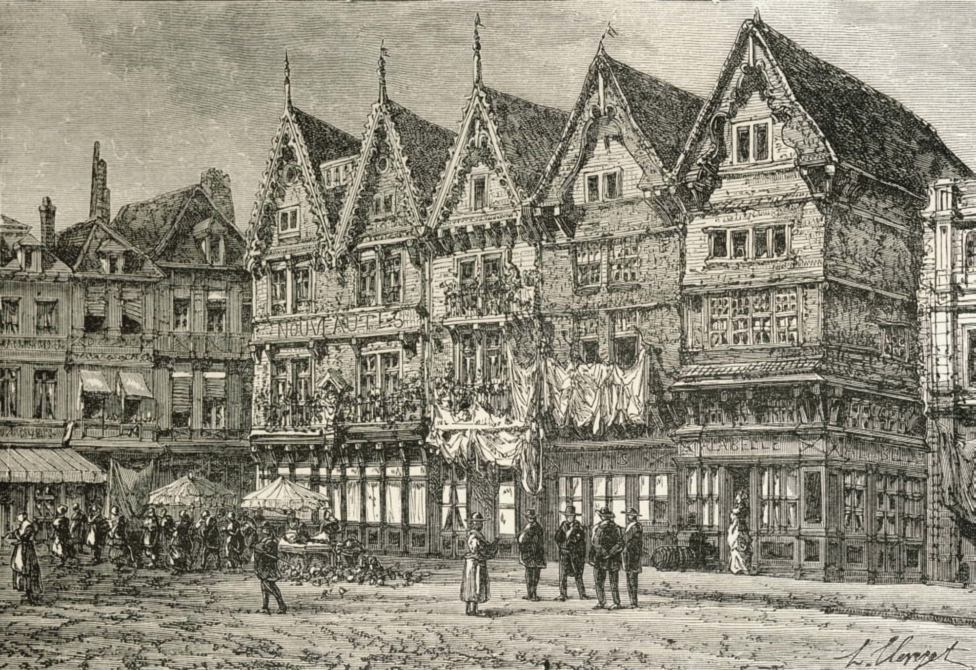 Old Houses In Valenciennes France In The 19Th Century From French Pictures By The Rev Samuel G Green Published 1878 Canvas Art - Ken Welsh Design Pics (34 x 24)