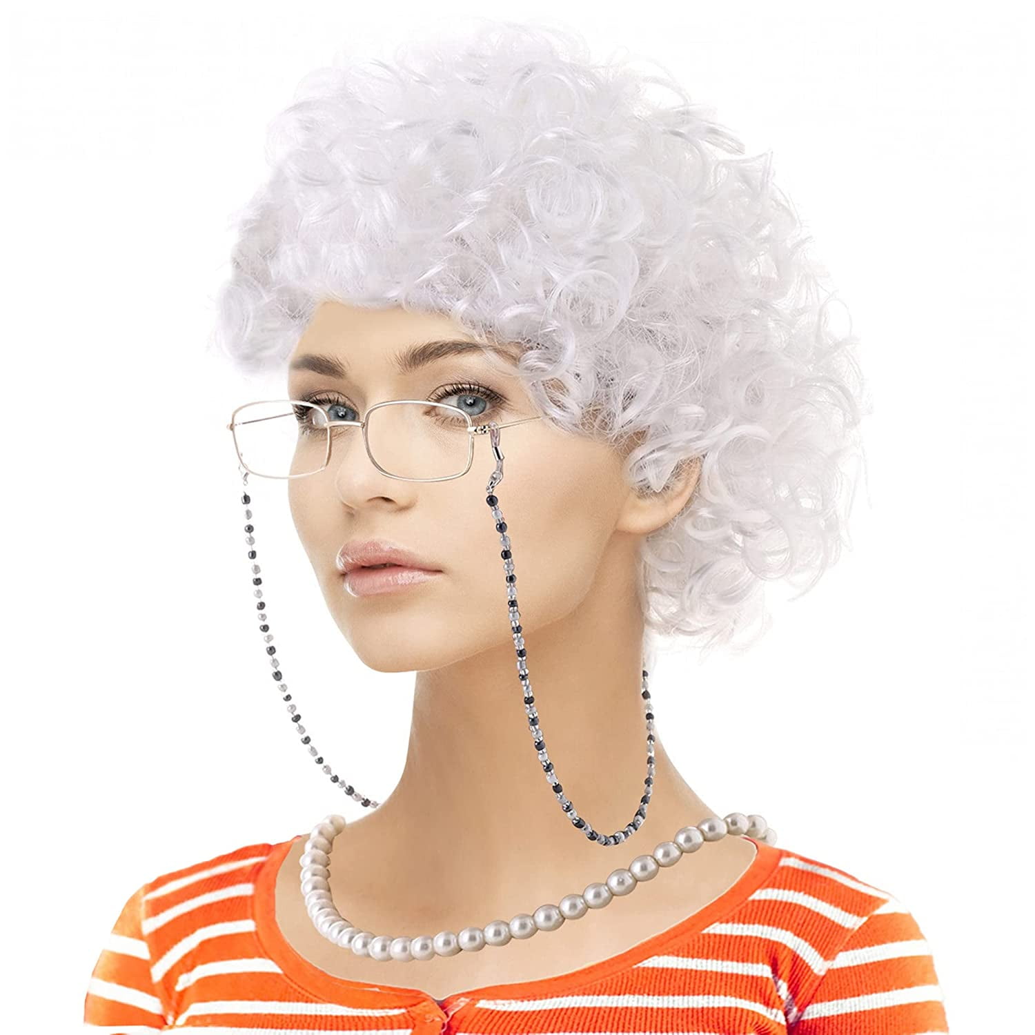 HSMQHJWE Middle Part Wigs for Women Old Lady Wig Granny Wig Old Lady for  Women Grandma Wig Cap Glasses Chain Pearl Necklace Earring Bracelet(7  Pieces) Straight Wigs for Women Black 