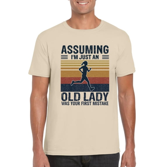 Old Lady Running Funny Senior Citizen Fitness Exercise T-Shirt, for men & women, up to size 5XL
